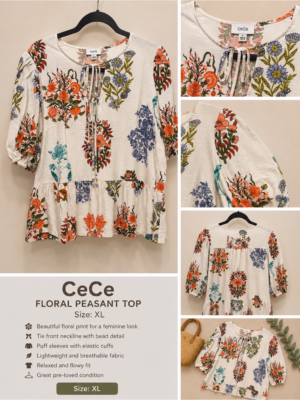 CeCe Cream Floral Peasant Top - Orange, Blue & Green Print